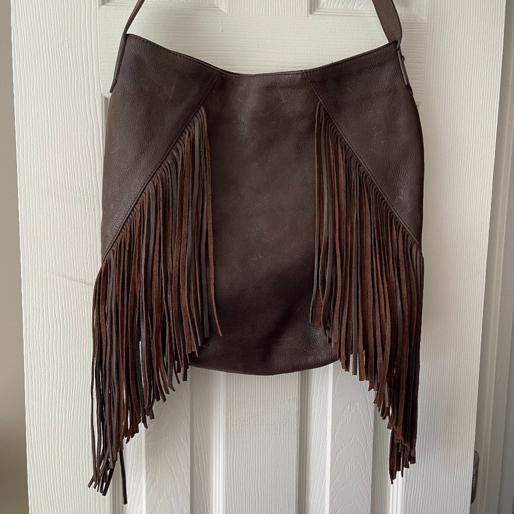 ZARA Dark brown leather fringe shoulder bag